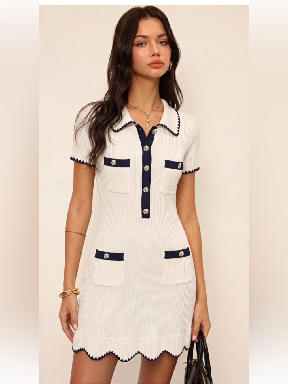 Commense Polo Collar Contrast Trim Ribbed Knit Mini Dress